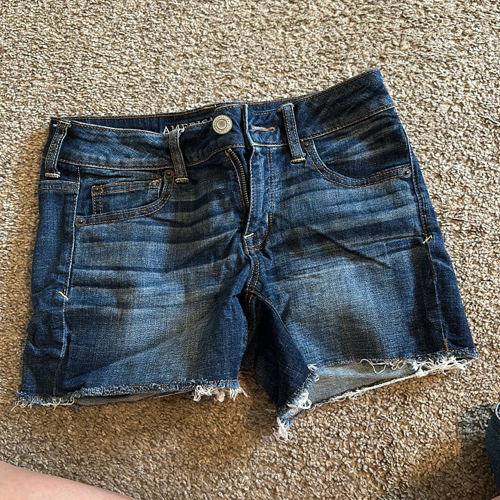 AE Distressed Dark Denim Shorts